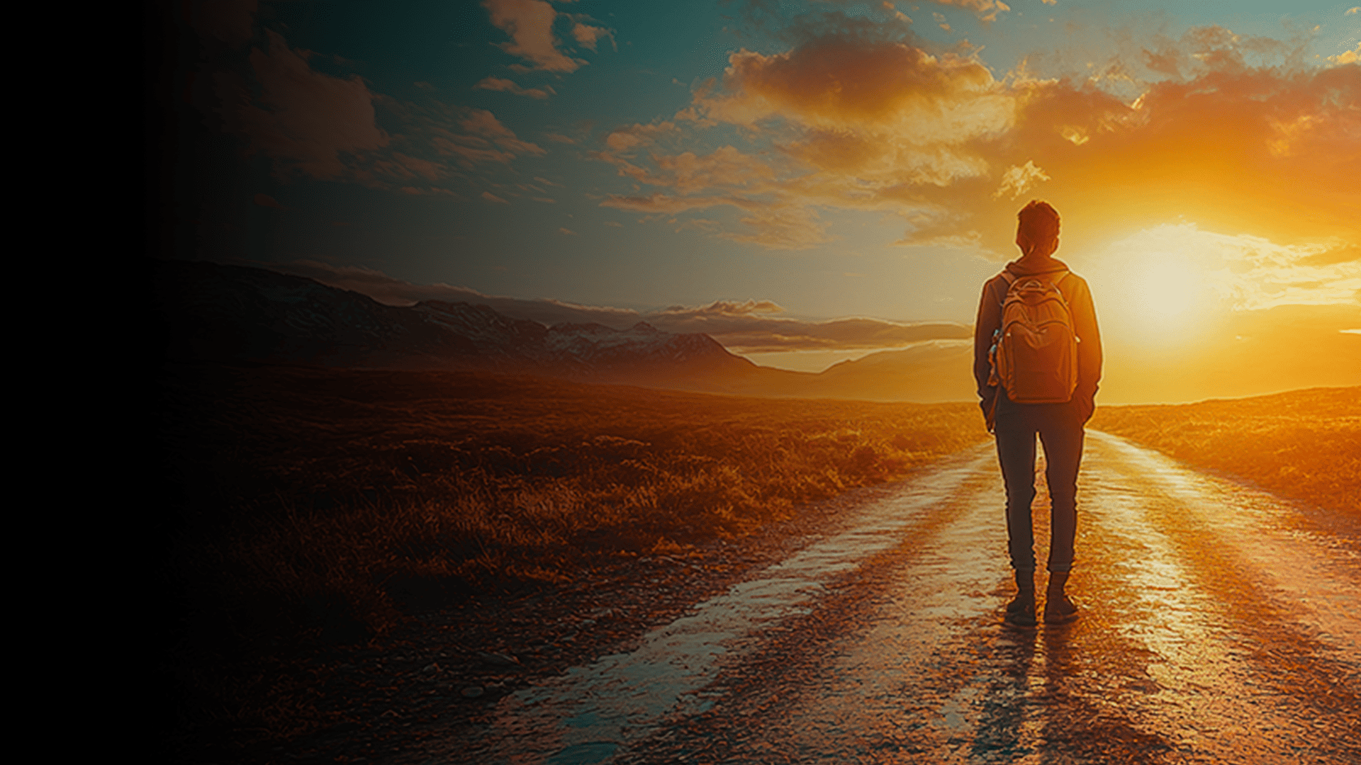 Man stood in middle of road looking out into sunrise